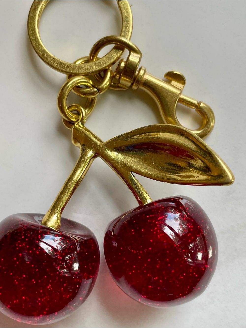 Gold-Tone Cherry Keyring Bag Charm with Sparkling Red Charms - Picture 2 of 2